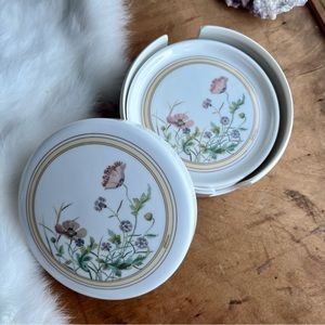 Vintage Minton Cloverleaf Melamine plastic coaster set in holder 4pc + holder